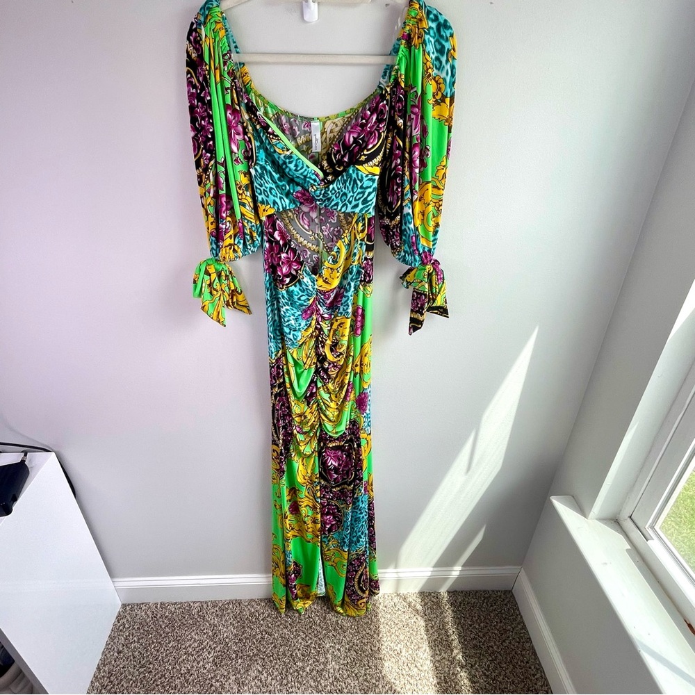 Goodtime Usa Multicolor Maxi Dress with Bishop Sleeves Mid-drift Cut Out Size M